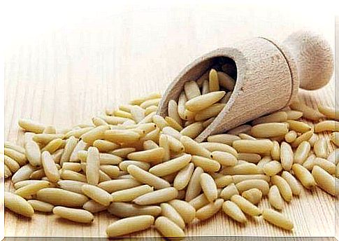 Many pine nuts are spread out on a surface.